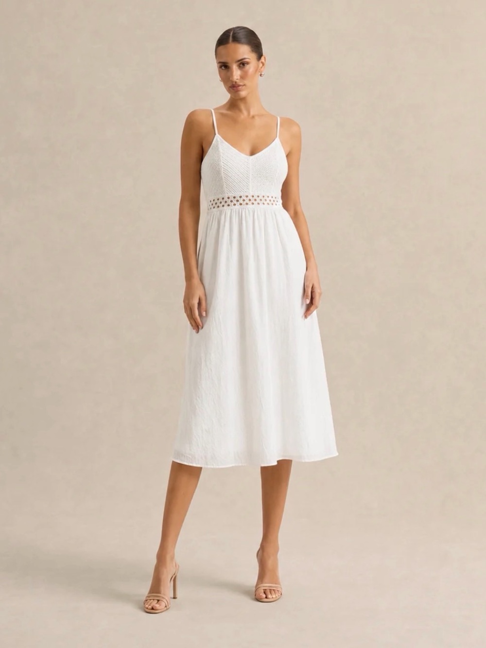 Spaghetti-Strap White Crochet Midi Dress